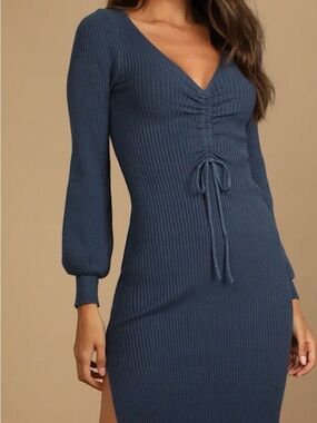 Lulu's Slate Blue Ribbed V-Neck Drawstring Midi Dress